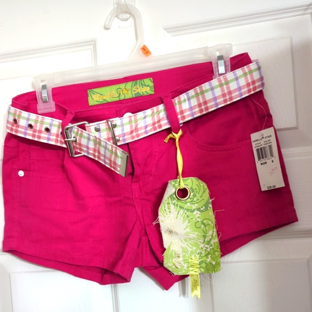Vanilla Star Hot Pink Jean Shorts with Plaid Belt